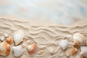Fototapeta na wymiar Seashells on the sandy beach. Summer vacation concept.