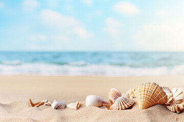 Fototapeta na wymiar Seashells on the sandy beach. Summer vacation concept.