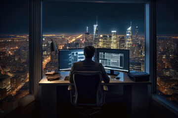 Fototapeta na wymiar Businessman working on computer monitors in office at night with city view