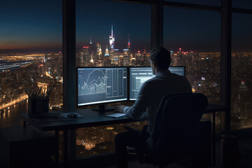 Businessman working on computer monitors in office at night with city view