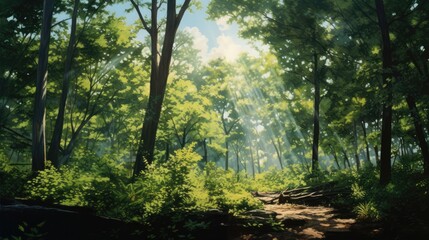  a painting of a forest scene with sunlight streaming through the trees and a path in the middle of the forest with rocks and trees on either side of the path.