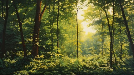  a painting of the sun shining through the trees in a green, wooded area with tall, thin trees in the foreground and green foliage in the foreground.