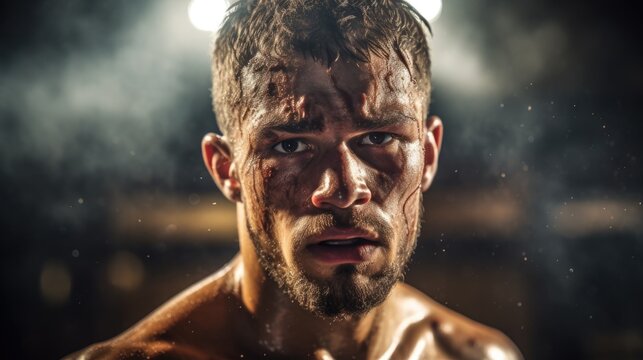 boxer in the ring, sweat and determination visible on their face generative ai