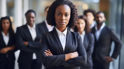 Young african American businesswoman standing in front of team of business people working in the office looking camera, executive manager female Afro hair wearing formal suit arm crossed confident