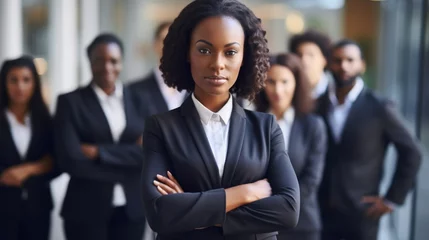 Foto op Plexiglas Young african American businesswoman standing in front of team of business people working in the office looking camera, executive manager female Afro hair wearing formal suit arm crossed confident © Rakchanika