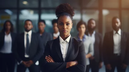 Foto op Canvas Young african American businesswoman standing in front of team of business people working in the office looking camera, executive manager female Afro hair wearing formal suit arm crossed confident © Rakchanika