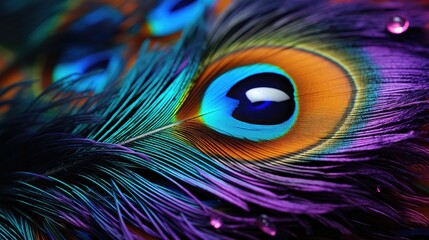  a close up of a peacock's colorful feathers with drops of water on it's feathers are purple, blue, and green, and yellow, and orange.