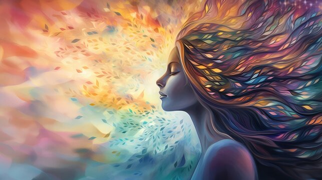 Mind-Body Connection. Mind Body Spirit Integration, holistic medicine. Mental, physical and spiritual elements of the self. Female face and healthy energy waves background