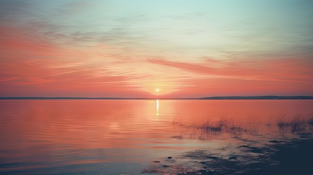  a large body of water with the sun setting in the sky above it and some grass in the foreground and a small island in the middle of the water. © Shanti