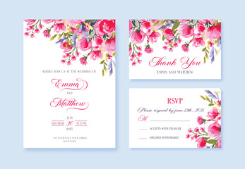 Watercolor Pink Wedding invitation with wild flowers, thank you and rsvp cards, vector template.