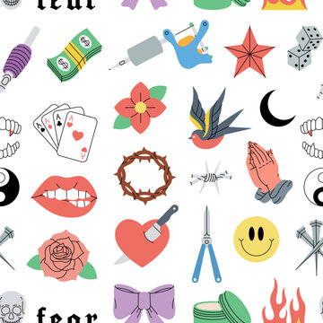 Tattoos pattern. Old school tattoos seamless banner. Swallow, rose, heart, knife, anchor, skull, hands, flowers, snake. Vector illustration.