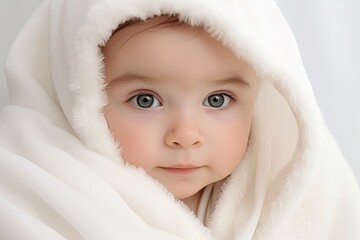Portrait of a cute baby boy wrapped in a white blanket, Portrait of a cute baby under a white blanket on a light background, AI Generated