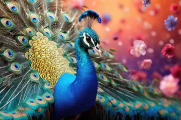 Fotobehang Beautiful peacock with colorful feathers on bokeh background, Portrait of beautiful peacock with feathers out, AI Generated © Iftikhar alam