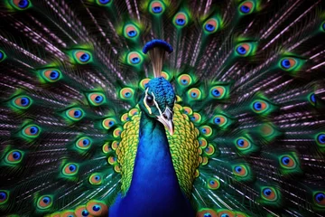 Fotobehang Peacock with beautiful feathers and flowers, closeup of photo, Portrait of beautiful peacock with feathers out, AI Generated © Iftikhar alam