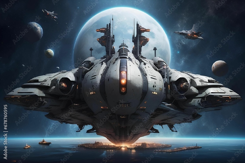 Poster A sci-fi themed image of a fleet of futuristic spacecrafts flying through a night sky