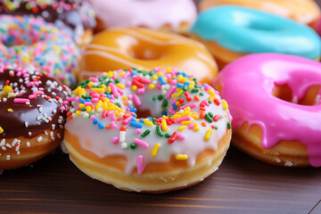 Closeup view of glazed donuts on table. Generative AI