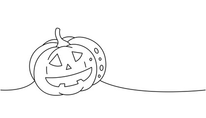 Pumpkin with scary face, autumn vegetable one line continuous drawing. Halloween scary pumpkin continuous one line illustration. Vector illustration.