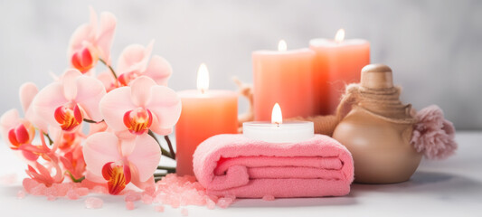 Spa composition on massage table in wellness center, spa lotions and oils, Spa salon, spa therapy, Spa treatment