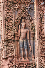 A Guardian diety bas relief at Banteay Srei Temple at Siem Reap, Cambodia, Asia