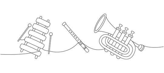 Various musical instruments one line continuous drawing. Wooden xylophone, flute, trumpet continuous one line illustration. Vector linear illustration