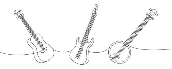 String musical instruments one line continuous drawing. Acoustic guitar, electric bass guitar, american banjo continuous one line illustration.