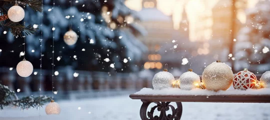 Foto auf Alu-Dibond Christmas decorations on a snow-covered bench against the backdrop of a New Year's holiday landscape. Banner or mockup. Congratulatory, New Year or Christmas landscape background. © serperm73