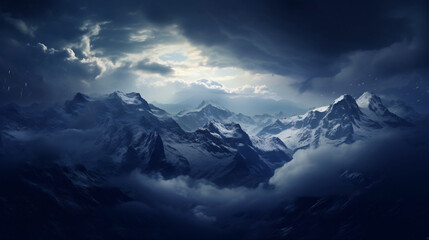 The evening sky is adorned with dramatic clouds above the snow-covered peaks..
