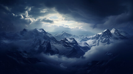 Fototapeta premium The evening sky is adorned with dramatic clouds above the snow-covered peaks..