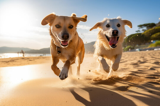 Two cute dogs running near sea. Generative AI