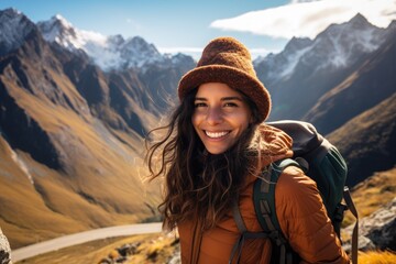 Naklejka na ściany i meble Hiking woman with backpack in Cordillera Blanca, Peru, rear view Backpacker woman feeling freedom in a spectacular mountains landscape near Machu Picchu in Peru, AI Generated