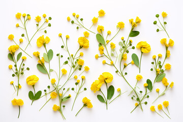 A flat-lay, aerial view of a yellow-flowered, eucalyptus-leafed design composed on a white backdrop presents ample open space.