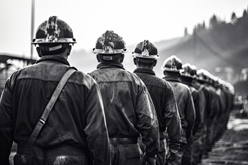 Rear view of a group of firemen standing in a row, rear view of a Group of mine workers wearing helmets, AI Generated - Powered by Adobe