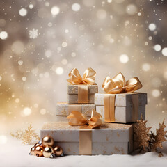 Winter's Christmas festivities adorned with gift boxes, trees, and ornaments against a backdrop of snowflakes. A joyful celebration of the New Year in a special and festive setting
