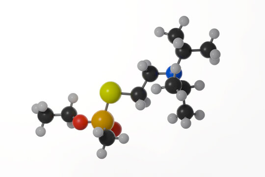 Ball and stick model of vx molecule, against a white background