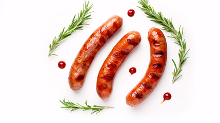 Grilled sausages on a white canvas with rosemary and condiments, top-down view, ample space for text. - obrazy, fototapety, plakaty