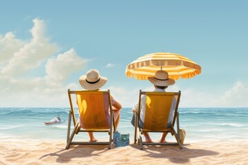 Couple sittingchairs on the beach with blue sky background, rear view of a Retired traveling couple resting together on sun loungers during beach, AI Generated - obrazy, fototapety, plakaty