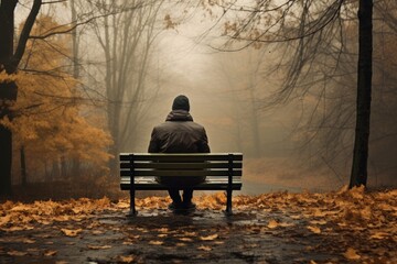 Naklejka na ściany i meble A man sitting on a bench in a foggy autumn park, rear view of a solitary person sitting on a bench in an autumn park with trees and bad weather, AI Generated