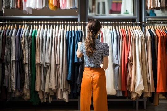 Rear view of young woman choosing clothes in the clothing store, rear view of a personal shopper selecting clothing for a client, AI Generated