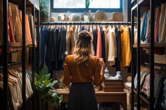 back view of young woman choosing clothes in clothing store on blurred foreground, rear view of a personal shopper selecting clothing for a client, AI Generated