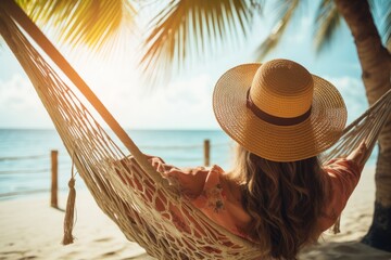 Woman relaxing in hammock on tropical beach. Summer vacation concept, rear view of a woman relaxing and enjoying the sun on vacation at the beach in a wicker hammock, AI Generated