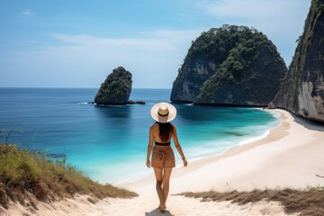 Beautiful woman in a straw hat on the beach of Phi Phi island, Thailand, rear view of a Woman walking at Kelingking Beach in Nusa penida island, Bali, Indonesia, AI Generated - obrazy, fototapety, plakaty
