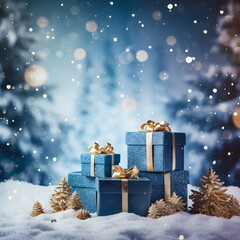 Winter's Christmas festivities adorned with gift boxes, trees, and ornaments against a backdrop of snowflakes. A joyful celebration of the New Year in a special and festive setting