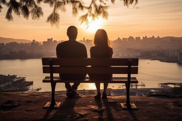 Silhouette of couple sitting on bench and looking at the sunset, rear view of a Young couple in love sitting on a bench against sunrise with a city view, AI Generated