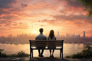 Fototapeta na wymiar Back view of young couple sitting on bench and looking at city at sunset, rear view of a Young couple in love sitting on a bench against sunrise with a city view, AI Generated