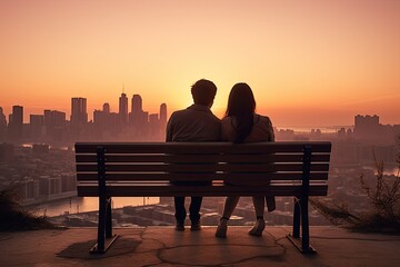 Fototapeta na wymiar Silhouette of a man and woman sitting on a bench looking at the city, rear view of a Young couple in love sitting on a bench against sunrise with a city view, AI Generated