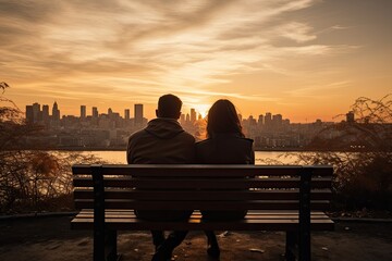 Man and woman sitting on a bench in a park looking at the sunset, rear view of a Young couple in love sitting on a bench against sunrise with a city view, AI Generated