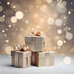 Winter's Christmas festivities adorned with gift boxes, trees, and ornaments against a backdrop of snowflakes. A joyful celebration of the New Year in a special and festive setting