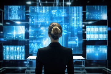 Back view of businesswoman against futuristic blue panel with diagrams and numbers, Rear view of businesswoman looking at hologram screen against blue background, AI Generated