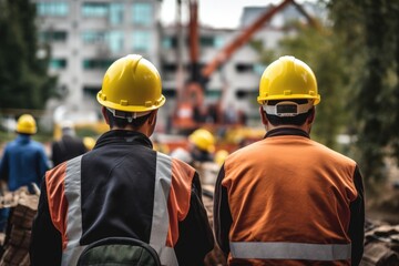 Construction workers wearing safety helmet and safety vest working on construction site, rear view of Construction workers at the construction site outdoors, labor wearing yellow safety, AI Generated