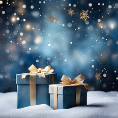 Winter's Christmas festivities adorned with gift boxes, trees, and ornaments against a backdrop of snowflakes. A joyful celebration of the New Year in a special and festive setting